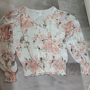 Rachel Zoe Flowy Sheer Floral Long Sleeves Blouse. Green, Pink. Smocked Hem. S.